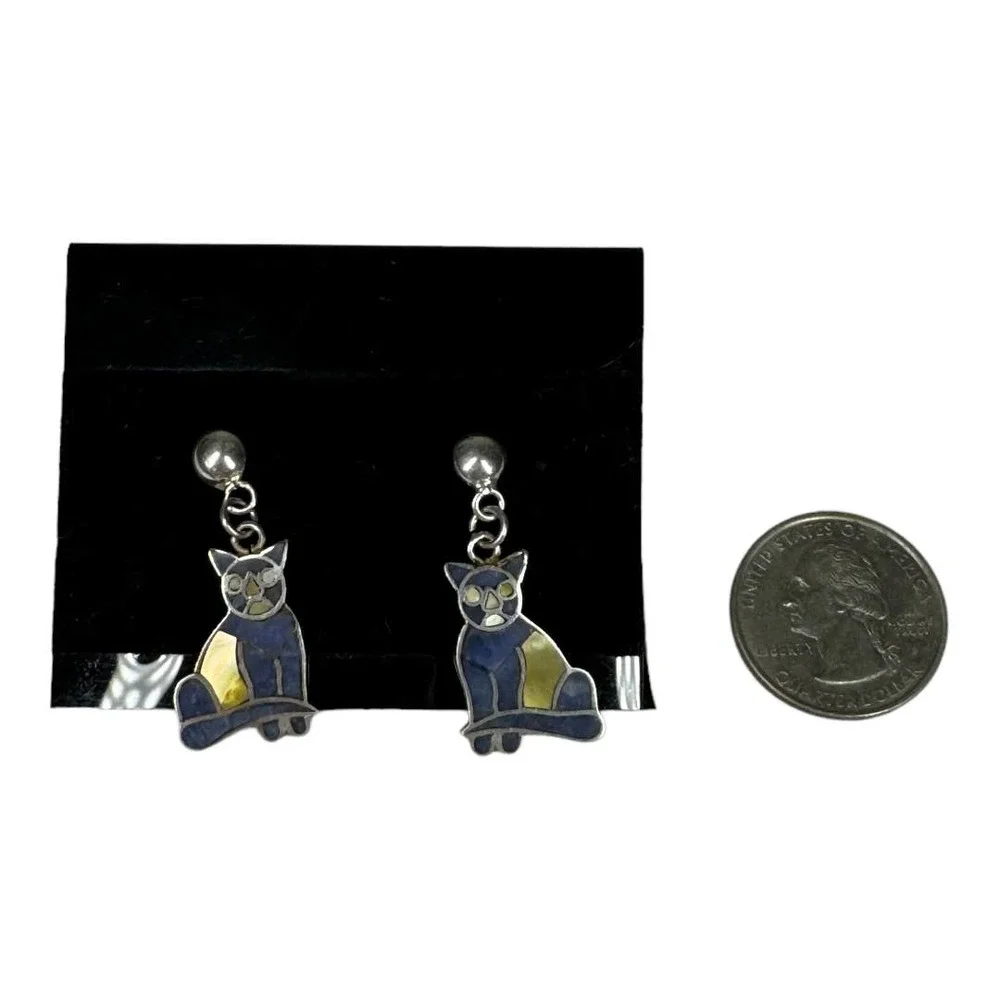 Vintage Sterling Silver Cat Earrings Post Stud 950 Lapis Lazuli Abalone Kitty - Picture 6 of 6